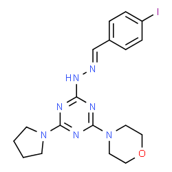 ChemSpider 2D Image | 2-[(2E)-2-(4-Iodobenzylidene)hydrazino]-4-(4-morpholinyl)-6-(1-pyrrolidinyl)-1,3,5-triazine | C18H22IN7O