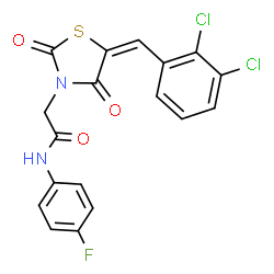 ChemSpider 2D Image | 2-[(5E)-5-(2,3-Dichlorobenzylidene)-2,4-dioxo-1,3-thiazolidin-3-yl]-N-(4-fluorophenyl)acetamide | C18H11Cl2FN2O3S