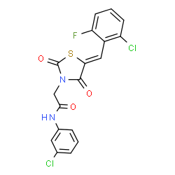ChemSpider 2D Image | 2-[(5Z)-5-(2-Chloro-6-fluorobenzylidene)-2,4-dioxo-1,3-thiazolidin-3-yl]-N-(3-chlorophenyl)acetamide | C18H11Cl2FN2O3S