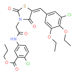 ChemSpider 2D Image | Propyl 2-chloro-5-({[(5E)-5-(3-chloro-4,5-diethoxybenzylidene)-2,4-dioxo-1,3-thiazolidin-3-yl]acetyl}amino)benzoate | C26H26Cl2N2O7S