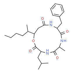 ChemSpider 2D Image | 9-Benzyl-13-(2-hexanyl)-3-isobutyl-6-methyl-1-oxa-4,7,10-triazacyclotridecane-2,5,8,11-tetrone | C27H41N3O5