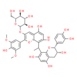ChemSpider 2D Image | 8-{1-[(2R,3R)-2-(3,4-Dihydroxyphenyl)-3,5,7-trihydroxy-3,4-dihydro-2H-chromen-8-yl]ethyl}-5,7-dihydroxy-2-(4-hydroxy-3,5-dimethoxyphenyl)-3-chromeniumyl D-glucopyranoside | C40H41O18
