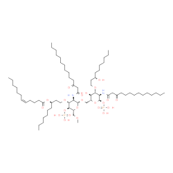 ChemSpider 2D Image | 2-Deoxy-6-O-(2-deoxy-3-O-{(3R)-3-[(5Z)-5-dodecenoyloxy]decyl}-6-O-methyl-2-[(3-oxotetradecanoyl)amino]-4-O-phosphono-beta-D-glucopyranosyl)-3-O-[(3S)-3-hydroxydecyl]-2-[(3-oxotetradecanoyl)amino]-1-O-
phosphono-alpha-D-glucopyranose | C73H136N2O22P2