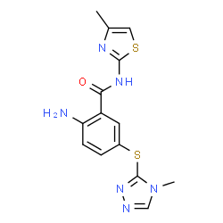 ChemSpider 2D Image | 2-Amino-N-(4-methyl-1,3-thiazol-2-yl)-5-[(4-methyl-4H-1,2,4-triazol-3-yl)sulfanyl]benzamide | C14H14N6OS2