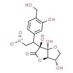 ChemSpider 2D Image | (3S,3aS,6S,6aR)-3,3a,6-Trihydroxy-3-{1-[3-hydroxy-4-(hydroxymethyl)phenyl]-2-nitroethyl}tetrahydrofuro[3,2-b]furan-2(3H)-one | C15H17NO10