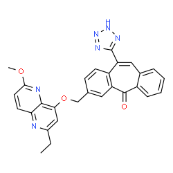 ChemSpider 2D Image | 3-{[(2-Ethyl-6-methoxy-1,5-naphthyridin-4-yl)oxy]methyl}-11-(2H-tetrazol-5-yl)-5H-dibenzo[a,d][7]annulen-5-one | C28H22N6O3
