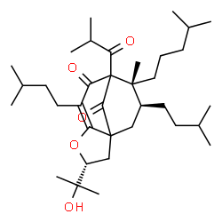 ChemSpider 2D Image | (3R,9R,10S)-3-(2-Hydroxy-2-propanyl)-8-isobutyryl-9-methyl-6,10-bis(3-methylbutyl)-9-(4-methylpentyl)-4-oxatricyclo[6.3.1.0~1,5~]dodec-5-ene-7,12-dione | C35H58O5
