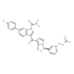 ChemSpider 2D Image | 1-(Acetoxymethyl)-3-[(3R)-7-{[1-(dimethylcarbamoyl)-6-(4-fluorophenyl)-1H-indol-3-yl]carbonyl}-1H-pyrrolo[1,2-c][1,3]thiazol-3-yl]pyridinium | C32H28FN4O4S