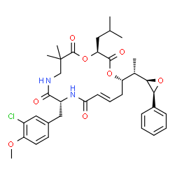 ChemSpider 2D Image | (3S,10R,13E,16S)-10-(3-Chloro-4-methoxybenzyl)-3-isobutyl-6,6-dimethyl-16-{(1S)-1-[(2R,3S)-3-phenyl-2-oxiranyl]ethyl}-1,4-dioxa-8,11-diazacyclohexadec-13-ene-2,5,9,12-tetrone | C36H45ClN2O8