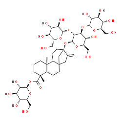 ChemSpider 2D Image | 1-O-[(5xi,9xi,10alpha,13alpha)-13-{[beta-D-Glucopyranosyl-(1->2)-[D-glucopyranosyl-(1->3)]-alpha-D-glucopyranosyl]oxy}-18-oxokaur-16-en-18-yl]-beta-L-glucopyranose | C44H70O23