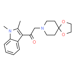 ChemSpider 2D Image | 1-(1,2-Dimethyl-1H-indol-3-yl)-2-(1,4-dioxa-8-azaspiro[4.5]dec-8-yl)ethanone | C19H24N2O3
