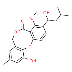 ChemSpider 2D Image | 11-Hydroxy-3-(1-hydroxy-3-methylbutyl)-4-methoxy-9-methyl-5H,7H-dibenzo[b,g][1,5]dioxocin-5-one | C21H24O6