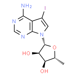 ChemSpider 2D Image | 7-(5-Deoxy-beta-D-ribofuranosyl)-5-iodo-7H-pyrrolo[2,3-d]pyrimidin-4-amine | C11H13IN4O3
