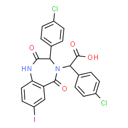 ChemSpider 2D Image | (4-Chlorophenyl)[3-(4-chlorophenyl)-7-iodo-2,5-dioxo-1,2,3,5-tetrahydro-4H-1,4-benzodiazepin-4-yl]acetic acid | C23H15Cl2IN2O4