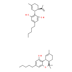 ChemSpider 2D Image | (6aR,10aR)-6,6,9-Trimethyl-3-pentyl-6a,7,8,10a-tetrahydro-6H-benzo[c]chromen-1-ol - 2-[(1R,6R)-6-isopropenyl-3-methyl-2-cyclohexen-1-yl]-5-pentyl-1,3-benzenediol (1:1) | C42H60O4