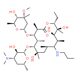 ChemSpider 2D Image | (3R,4S,5S,6R,7R,9R,11S,12R,13S,14R)-6-{[(2S,3R,4S,6R)-4-(Dimethylamino)-3-hydroxy-6-methyltetrahydro-2H-pyran-2-yl]oxy}-14-ethyl-7,12,13-trihydroxy-4-{[(2R,4R,5S,6S)-5-hydroxy-4-methoxy-4,6-dimethylte
trahydro-2H-pyran-2-yl]oxy}-3,5,7,9,11,13-hexamethyl-10-(propylamino)oxacyclotetradecan-2-one | C40H76N2O12