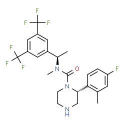 ChemSpider 2D Image | (2R)-N-[(1R)-1-[3,5-Bis(trifluoromethyl)phenyl]ethyl]-2-(4-fluoro-2-methylphenyl)-N-methyl-1-piperazinecarboxamide | C23H24F7N3O