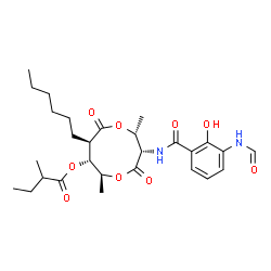 ChemSpider 2D Image | [(2R,3S,6S,7R,8R)-3-[(3-formamido-2-hydroxy-benzoyl)amino]-8-hexyl-2,6-dimethyl-4,9-dioxo-1,5-dioxonan-7-yl] 2-methylbutanoate | C28H40N2O9