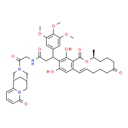 ChemSpider 2D Image | 3-[(3S,11E)-14,16-Dihydroxy-3-methyl-1,7-dioxo-3,4,5,6,7,8,9,10-octahydro-1H-2-benzoxacyclotetradecin-15-yl]-N-{2-oxo-2-[(1S,9R)-6-oxo-7,11-diazatricyclo[7.3.1.0~2,7~]trideca-2,4-dien-11-yl]ethyl}-3-(
3,4,5-trimethoxyphenyl)propanamide | C43H51N3O11