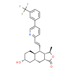 ChemSpider 2D Image | (3R,3aS,4S,4aR,7R,8aR,9aR)-7-Hydroxy-3-methyl-4-[(E)-2-{5-[3-(trifluoromethyl)phenyl]-2-pyridinyl}vinyl]decahydronaphtho[2,3-c]furan-1(3H)-one | C27H28F3NO3