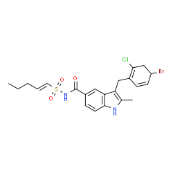 ChemSpider 2D Image | 3-[(4-Bromo-2-chloro-1,5-cyclohexadien-1-yl)methyl]-2-methyl-N-[(1E)-1-penten-1-ylsulfonyl]-1H-indole-5-carboxamide | C22H24BrClN2O3S