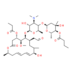 ChemSpider 2D Image | (2S,3S,4R,6S)-6-{[(2R,4R,5R,6S)-4-(Dimethylamino)-5-hydroxy-6-{[(4S,5S,6S,7R,10R,11E,13E,16R)-10-hydroxy-5-methoxy-9,16-dimethyl-2-oxo-7-(2-oxoethyl)-4-(propionyloxy)oxacyclohexadeca-11,13-dien-6-yl]o
xy}-2-methyltetrahydro-2H-pyran-3-yl]oxy}-4-hydroxy-2,4-dimethyltetrahydro-2H-pyran-3-yl butanoate | C42H69NO15