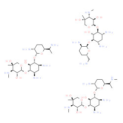 ChemSpider 2D Image | (2R,3R,4R,5R)-2-[(1S,2S,3R,4S,6R)-4,6-diamino-3-[(2R,3R,6S)-3-amino-6-(1-aminoethyl)tetrahydropyran-2-yl]oxy-2-hydroxy-cyclohexoxy]-5-methyl-4-methylamino-tetrahydropyran-3,5-diol; (2R,3R,4R,5R)-2-[(1S,2S,3R,4S,6R)-4,6-diamino-3-[(2R,3R,6S)-3-amino-6-(aminomethyl)tetrahydropyran-2-yl]oxy-2-hydroxy-cyclohexoxy]-5-methyl-4-methylamino-tetrahydropyran-3,5-diol; (2R,3R,4R,5R)-2-[(1S,2S,3R,4S,6R)-4,6-diamino-3-[(2R,3R,6S)-3-amino-6-(1-methylaminoethyl)tetrahydropyran-2-yl]oxy-2-hydroxy-cyclohexoxy]-5-methyl-4-methylamino-tetrahydropyran-3,5-diol | C60H123N15O21