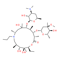 ChemSpider 2D Image | (2S,3S,4R,5S,8R,11R,12S,13S,14S)-2-Ethyl-3,4,10-trihydroxy-3,5,8,10,12,14-hexamethyl-15-oxo-7-propyl-11-{[3,4,6-trideoxy-3-(dimethylamino)-beta-D-xylo-hexopyranosyl]oxy}-1-oxa-7-azacyclopentadecan-13-
yl 2,6-dideoxy-3-C-methyl-3-O-methyl-beta-L-ribo-hexopyranoside | C40H76N2O12