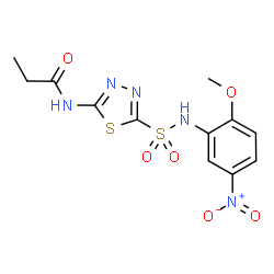 ChemSpider 2D Image | N-{5-[(2-Methoxy-5-nitrophenyl)sulfamoyl]-1,3,4-thiadiazol-2-yl}propanamide | C12H13N5O6S2