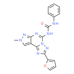 ChemSpider 2D Image | 1-[2-(2-Furyl)-8-methyl-8H-pyrazolo[4,3-e][1,2,4]triazolo[1,5-c]pyrimidin-5-yl]-3-phenylurea | C18H14N8O2