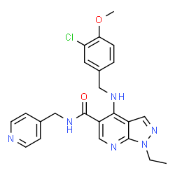ChemSpider 2D Image | 4-[(3-Chloro-4-methoxybenzyl)amino]-1-ethyl-N-(4-pyridinylmethyl)-1H-pyrazolo[3,4-b]pyridine-5-carboxamide | C23H23ClN6O2