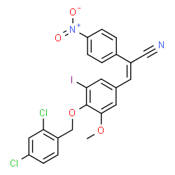 ChemSpider 2D Image | (2E)-3-{4-[(2,4-Dichlorobenzyl)oxy]-3-iodo-5-methoxyphenyl}-2-(4-nitrophenyl)acrylonitrile | C23H15Cl2IN2O4