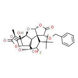 ChemSpider 2D Image | (1R,3R,6R,7S,10R,11R,12R,13S,16S,17R)-6-(Benzyloxy)-9-fluoro-12,17-dihydroxy-16-methyl-8-(2-methyl-2-propanyl)-2,4,14,19-tetraoxahexacyclo[8.7.2.0~1,11~.0~3,7~.0~7,11~.0~13,17~]nonadecane-5,15,18-trio
ne | C27H29FO10