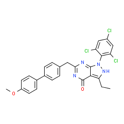 ChemSpider 2D Image | 3-Ethyl-6-[(4'-methoxy-4-biphenylyl)methyl]-1-(2,4,6-trichlorophenyl)-1,2-dihydro-4H-pyrazolo[3,4-d]pyrimidin-4-one | C27H21Cl3N4O2