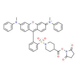 ChemSpider 2D Image | (3E)-9-{2-[(4-{[(2,5-Dioxo-1-pyrrolidinyl)oxy]carbonyl}-1-piperidinyl)sulfonyl]phenyl}-N-methyl-6-[methyl(phenyl)amino]-N-phenyl-3H-xanthen-3-iminium | C43H39N4O7S