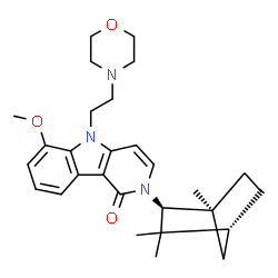 ChemSpider 2D Image | 6-Methoxy-5-[2-(4-morpholinyl)ethyl]-2-[(1S,2S,4R)-1,3,3-trimethylbicyclo[2.2.1]hept-2-yl]-2,5-dihydro-1H-pyrido[4,3-b]indol-1-one | C28H37N3O3