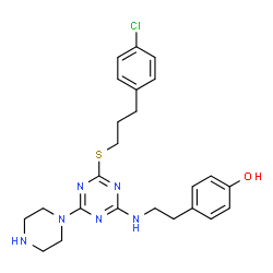 ChemSpider 2D Image | 4-(2-{[4-{[3-(4-Chlorophenyl)propyl]sulfanyl}-6-(1-piperazinyl)-1,3,5-triazin-2-yl]amino}ethyl)phenol | C24H29ClN6OS