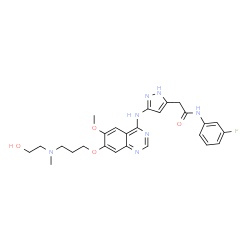 ChemSpider 2D Image | N-(3-Fluorophenyl)-2-{3-[(7-{3-[(2-hydroxyethyl)(methyl)amino]propoxy}-6-methoxy-4-quinazolinyl)amino]-1H-pyrazol-5-yl}acetamide | C26H30FN7O4