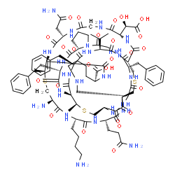 ChemSpider 2D Image | (1S,4S,13S,16S,19S,22S,25S,28R,31S,37S,40S,41S,44R,47S,50S,53S,56R,65S,70S)-44-Amino-47-(4-aminobutyl)-37-(2-amino-2-oxoethyl)-50-(3-amino-3-oxopropyl)-4,16,22-tribenzyl-31-[(R)-carboxy(hydroxy)methyl
]-25-isopropyl-41,70-dimethyl-2,5,8,14,17,20,23,26,29,32,35,38,45,48,51,54,57,67-octadecaoxo-42,69,72-trithia-3,6,9,15,18,21,24,27,30,33,36,39,46,49,52,55,58,60,66-nonadecaazapentacyclo[38.18.9.3~19,5
6~.3~28,53~.0~9,13~]triheptacontane-65-carboxylic acid | C89H125N23O25S3