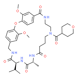ChemSpider 2D Image | (10S,13R)-10-Isopropyl-4,26-dimethoxy-13-methyl-19-(tetrahydro-2H-pyran-4-ylcarbonyl)-2-oxa-8,11,14,19,22-pentaazatricyclo[22.2.2.2~3,6~]triaconta-1(26),3,5,24,27,29-hexaene-9,12,15,23-tetrone | C36H49N5O9