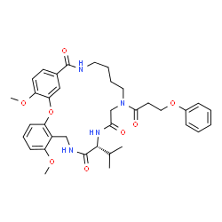ChemSpider 2D Image | (12R)-12-Isopropyl-7,26-dimethoxy-16-(3-phenoxypropanoyl)-2-oxa-10,13,16,21-tetraazatricyclo[21.3.1.0~3,8~]heptacosa-1(27),3,5,7,23,25-hexaene-11,14,22-trione | C36H44N4O8