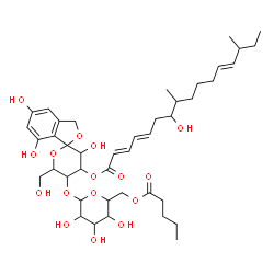 ChemSpider 2D Image | 3',5,7-Trihydroxy-6'-(hydroxymethyl)-5'-[(6-O-pentanoylhexopyranosyl)oxy]-3',4',5',6'-tetrahydro-3H-spiro[2-benzofuran-1,2'-pyran]-4'-yl (2E,4E,12E)-7-hydroxy-8,14-dimethyl-2,4,12-hexadecatrienoate | C42H62O16