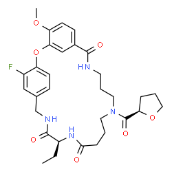 ChemSpider 2D Image | (19S)-19-Ethyl-25-fluoro-4-methoxy-13-[(2R)-tetrahydro-2-furanylcarbonyl]-2-oxa-9,13,18,21-tetraazatricyclo[21.2.2.1~3,7~]octacosa-1(25),3(28),4,6,23,26-hexaene-8,17,20-trione | C31H39FN4O7
