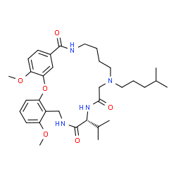 ChemSpider 2D Image | (12R)-12-Isopropyl-7,26-dimethoxy-16-(4-methylpentyl)-2-oxa-10,13,16,21-tetraazatricyclo[21.3.1.0~3,8~]heptacosa-1(27),3,5,7,23,25-hexaene-11,14,22-trione | C33H48N4O6