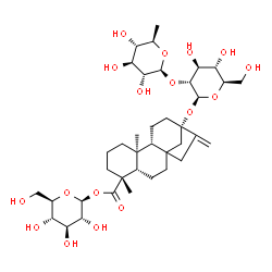 ChemSpider 2D Image | 1-O-[(5beta,9beta,10alpha,13alpha)-13-{[2-O-(6-Deoxy-beta-D-glucopyranosyl)-beta-D-glucopyranosyl]oxy}-18-oxokaur-16-en-18-yl]-beta-D-glucopyranose | C38H60O17