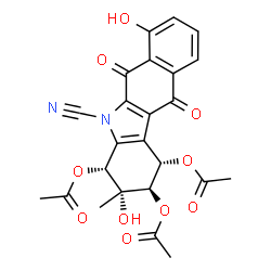 ChemSpider 2D Image | (1S,2R,3R,4R)-5-Cyano-3,7-dihydroxy-3-methyl-6,11-dioxo-2,3,4,5,6,11-hexahydro-1H-benzo[b]carbazole-1,2,4-triyl triacetate | C24H20N2O10