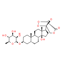 ChemSpider 2D Image | (3beta,5beta,14beta,17beta)-14-Hydroxy-17-[(1R,5S)-4-oxo-3,6,7,8-tetraoxabicyclo[3.2.1]oct-1-yl]androstan-3-yl 6-deoxy-beta-L-mannopyranoside | C29H44O11