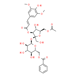 ChemSpider 2D Image | 6-O-Acetyl-3-O-[(2E)-3-(4-hydroxy-3,5-dimethoxyphenyl)-2-propenoyl]-beta-D-fructofuranosyl 6-O-benzoyl-alpha-D-glucopyranoside | C32H38O17