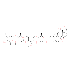 ChemSpider 2D Image | (3beta,12beta,14beta,17alpha)-8,12,14-Trihydroxy-20-oxopregn-5-en-3-yl 2,6-dideoxy-3-O-methyl-beta-D-arabino-hexopyranosyl-(1->4)-2,6-dideoxy-3-O-methyl-beta-D-ribo-hexopyranosyl-(1->4)-2,6-dideoxy-3-
O-methyl-beta-D-arabino-hexopyranosyl-(1->4)-2,6-dideoxy-beta-D-ribo-hexopyranoside | C48H78O17