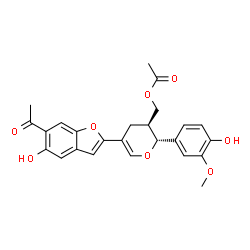 ChemSpider 2D Image | [(2R,3S)-5-(6-Acetyl-5-hydroxy-1-benzofuran-2-yl)-2-(4-hydroxy-3-methoxyphenyl)-3,4-dihydro-2H-pyran-3-yl]methyl acetate | C25H24O8